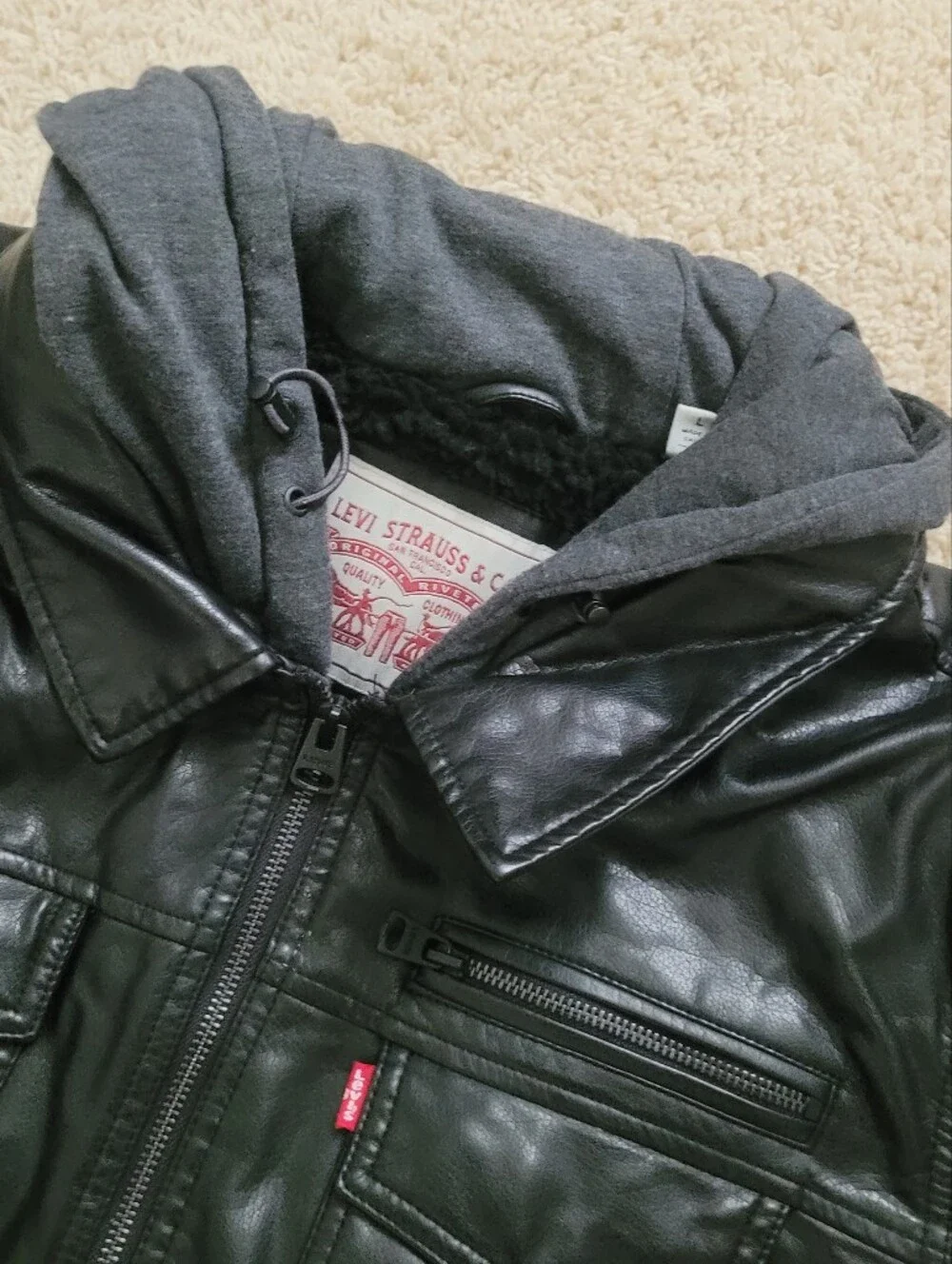 Levi Strauss Mens Black Faux Leather Moto Trucker Hoodie Layer Jacket  L
